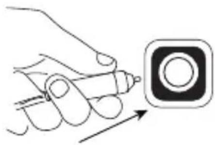 Illustration of a hand holding a pen next to a square button with an arrow (no text or symbols)