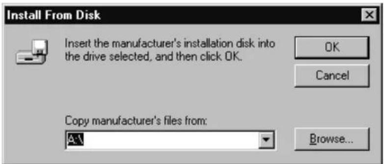 Install From Disk Insert the manufacturer's installation disk into the drive selected, and then click OK. OK Cancel Copy manufacturer's files from: A:\ Browse...