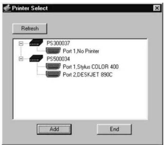 Printer Select Refresh PS300037 Port 1,No Printer PS500034 Port 1,Stylus COLOR 400 Port 2,DESKJET 890C Add End