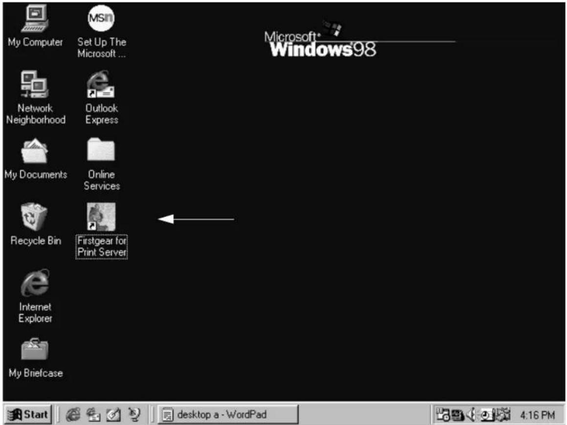 My Computer Set Up The Microsoft ... Microsoft* Windows98 Network Neighborhood Outlook Express My Documents Online Services Recycle Bin Firstgear for Print Server Internet Explorer My Briefcase Start desktop a - WordPad 4.16 PM