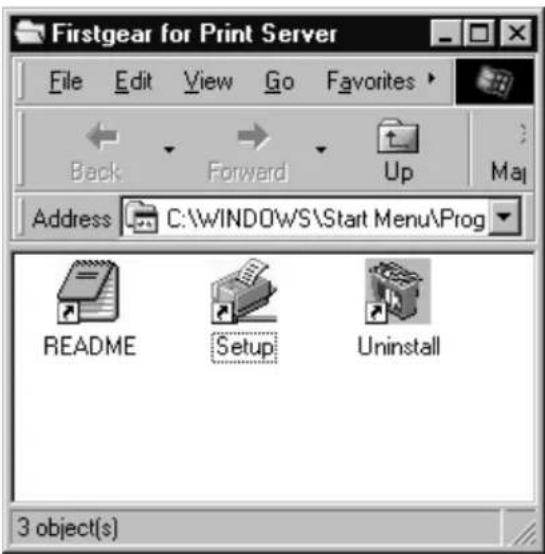 Firstgear for Print Server File Edit View Go Favorites Back Forward Up Address C:\WINDOWS\Start Menu\Prog README Setup Uninstall 3 object(s)