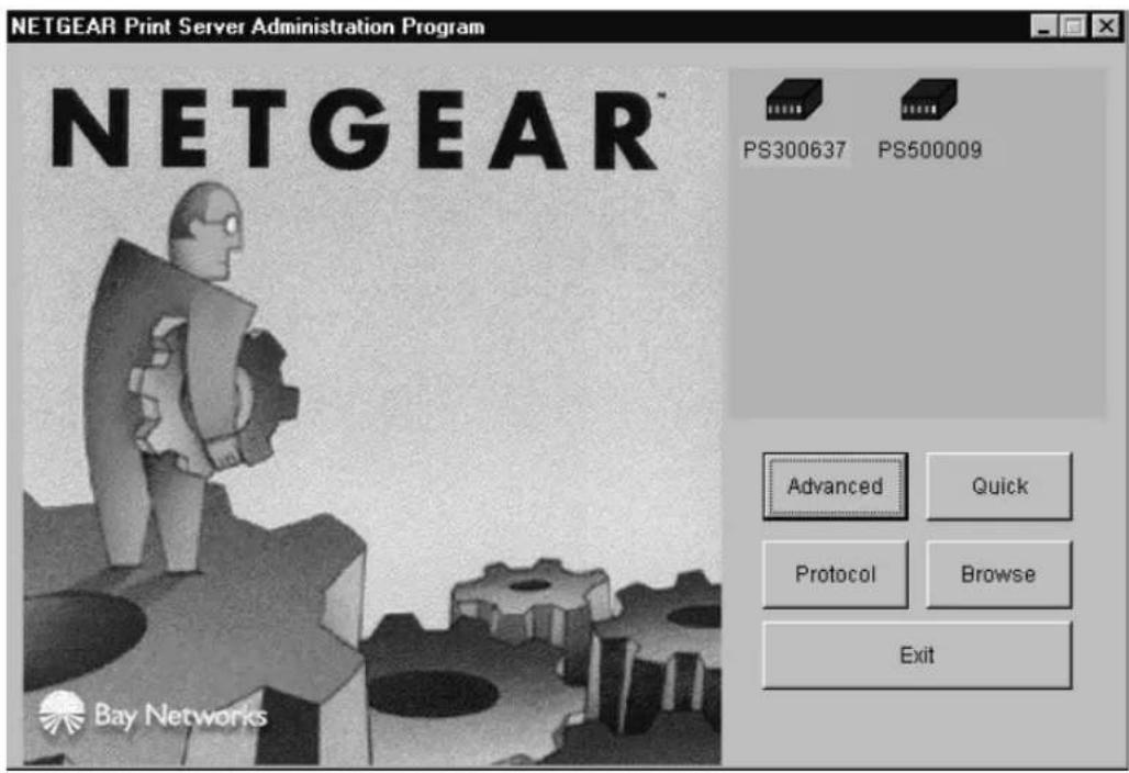 NETGEAR Print Server Administration Program PS300637 PS500009 Advanced Quick Protocol Browse Exit Bay Networks