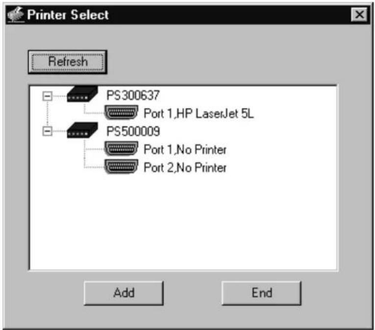 Printer Select Refresh PS300637 Port 1,HP LaserJet 5L PS500009 Port 1,No Printer Port 2,No Printer Add End
