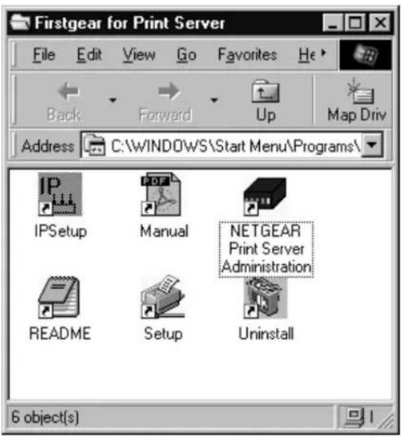Firstgear for Print Server File Edit View Go Favorites He Back Forward Up Map Driv Address C:\WINDOWS\Start Menu\Programs\ IPSetup Manual NETGEAR Print Server Administration README Setup Uninstall 6 object(s)
