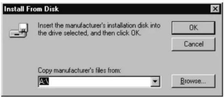 Install From Disk Insert the manufacturer's installation disk into the drive selected, and then click OK. OK Cancel Copy manufacturer's files from: A:\