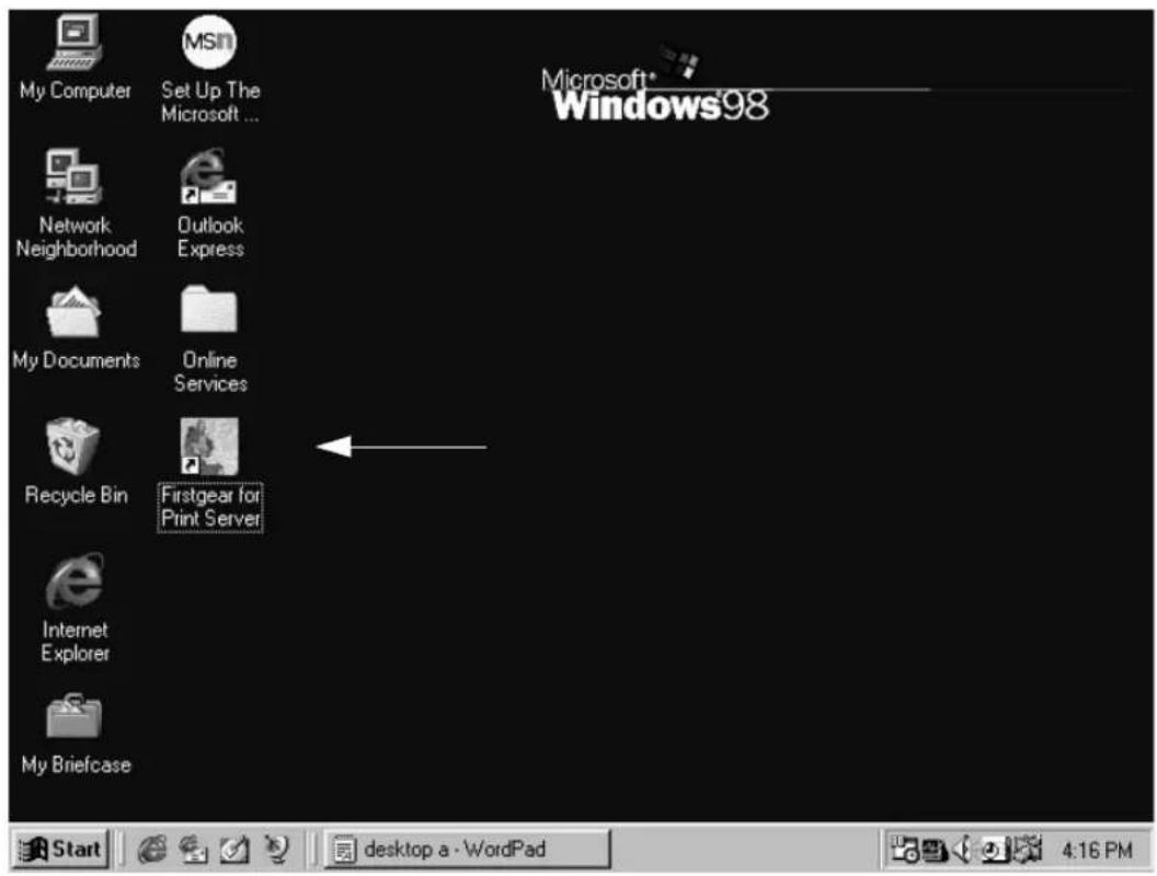 My Computer Set Up The Microsoft ... Network Neighborhood Outlook Express My Documents Online Services Recycle Bin Firstgear for Print Server Internet Explorer My Briefcase Microsoft* Windows98 Start desktop a - WordPad 4:16 PM