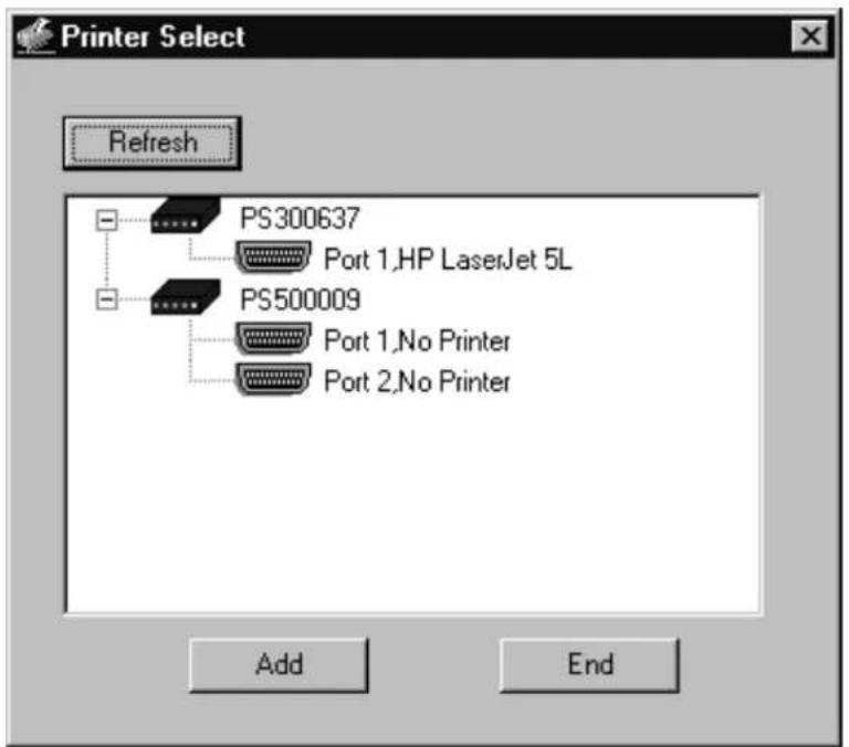 Printer Select Refresh PS300637 Port 1,HP LaserJet 5L PS500009 Port 1,No Printer Port 2,No Printer Add End