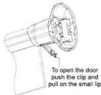 To open the door push the clip and pull on the small lip
