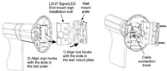 LD-IT SignalLED End mount sign installation tool Wall mount plate 1) Align tool hooks with the slots in the wall mount plate 2) Align sign hooks with the slots in the tool plate Cable connection block