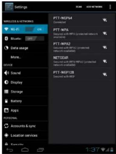 Settings WIRELESS & NETWORKS Wi-Fi ON Bluetooth OFF Data usage More... DEVICE Sound Display Storage Battery Apps PERSONAL Accounts & sync Location services PPTT-WEP64 Connected PTT-WPA Secured with WPA (protected network available) PTT-WPA2 Secured with WPA2 (protected network available) NETDEAR Secured with WPA/WPA3 (protected network available) PTT-WEP128 Secured with WEP 1:37