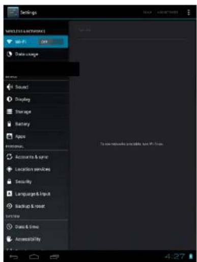 Settings WALVEE NETWORKS 00-FT Data usage Sound Display Storage Battery Apps Accessories & Style Location services Security Language & Input Backup & root System Data & Time Accessibility