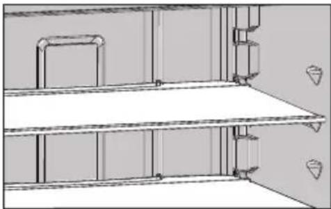 Architectural line drawing of a two-story building facade with horizontal shelves and doorways (no text or symbols)