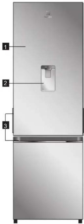 Diagram of a refrigerator with labeled parts including front, back, and interior compartments.