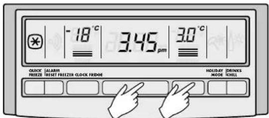 18°C 3.45 pm 30°C QUICK FRIEZE ALARM RINHY FRIEZEER CLOCK FRIEZE HOLIDAY MODE DRINKS CHILL