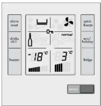 alarm reset drinks chill freezer normal -18°C 3°C quick freezes eco/holiday fridge sensor