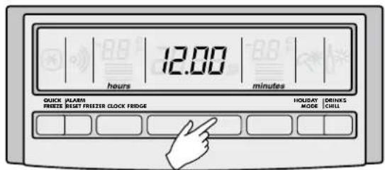 12:00 hours minutes QUICK ALARM FROZE JUST FROZIE CLOCK FRIDGE HOLIDAY MODE DRINKS CHILL