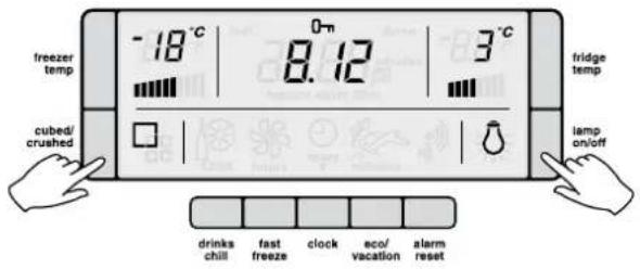 -18°C 0-m 8.12 3°C fridge temp cubed/crushed lamp on/off drinks chill fast freeze clock eco/vacation alarm reset