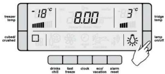 -18°C 8.00 3°C freezer temp cubed/crushed fridge temp lamp on/off drinks chill fast freeze clock eco/vacation alarm reset