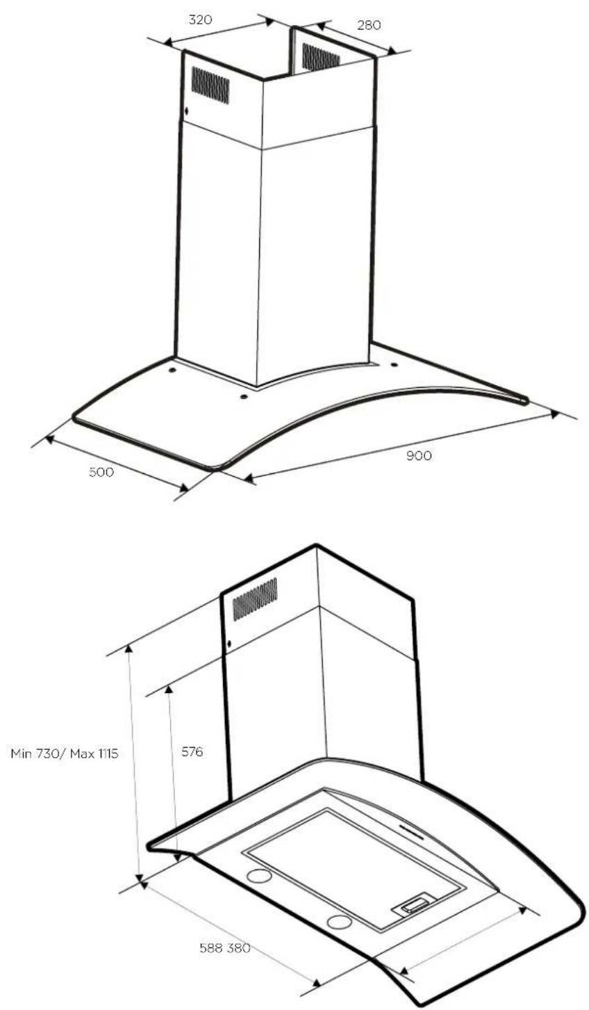 WESTINGHOUSE WRCG930SB - RANGEHOOD DIMENSIONS - 1
