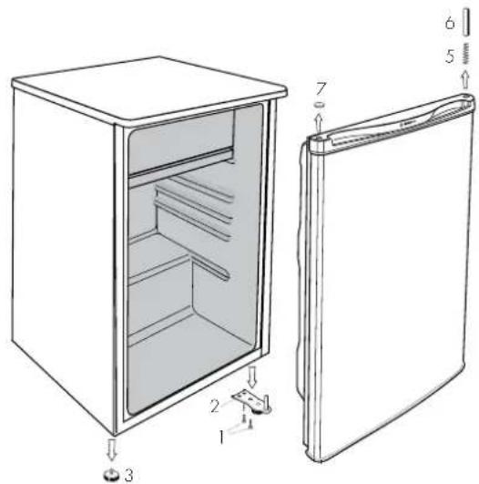 Technical diagram of a refrigerator with labeled parts, showing front and side views with numbered components.