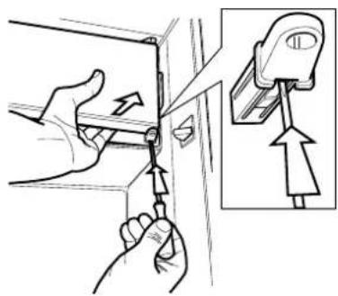Diagram showing hand tool application on a door panel with an inset view of a hanging device with directional arrows.