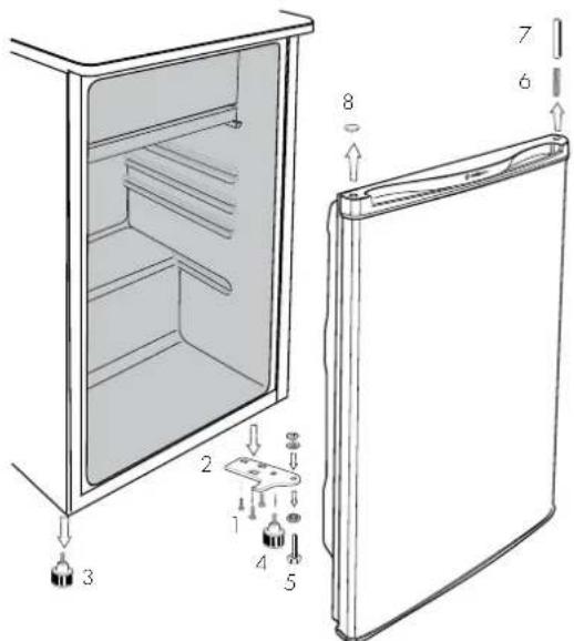 Technical diagram of a refrigerator with labeled parts and exploded view, showing internal compartments and mounting hardware.