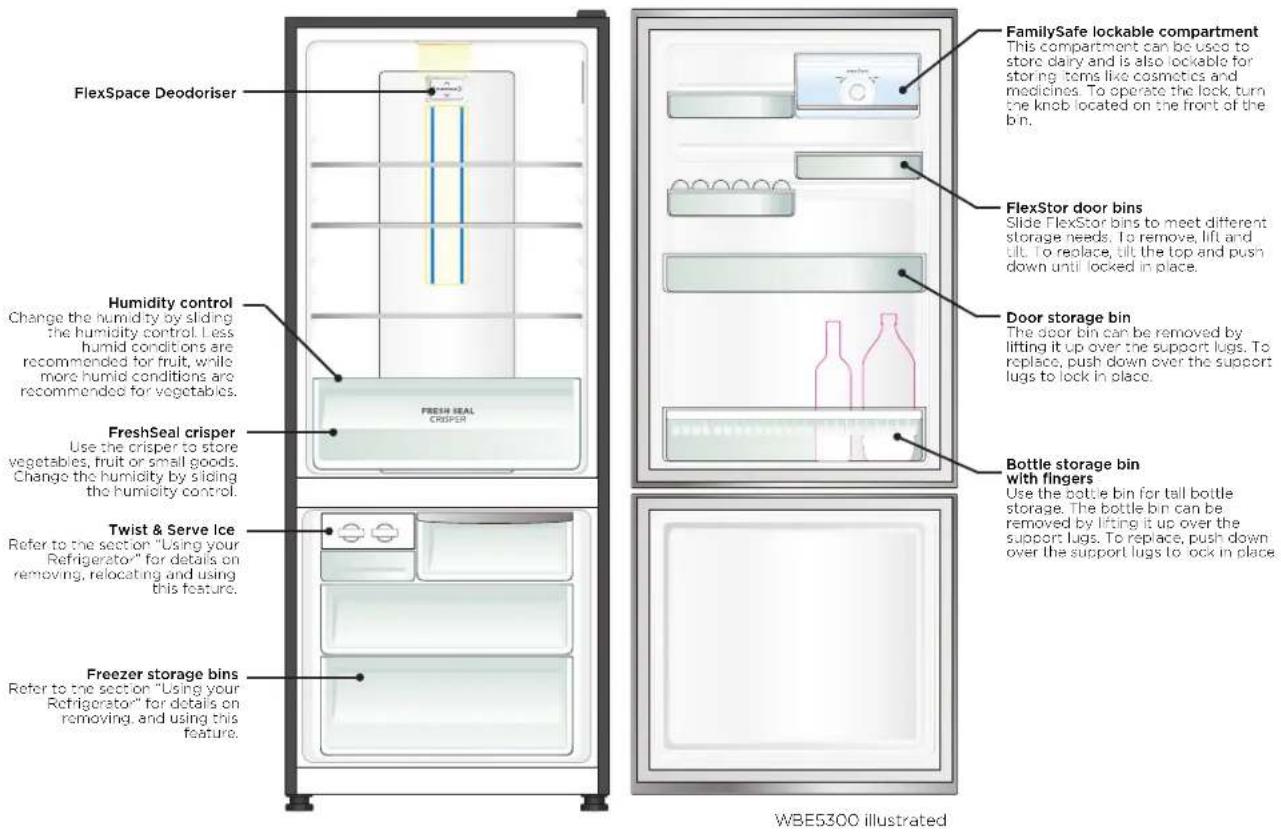 FlexSpace Deodoriser Humidity control Change the humidity by sliding the humidity control. Less humid conditions are recommended for fruit, while more humid conditions are recommended for vegetables. FreshSeal crisper Use the crisper to store vegetables, fruit or small goods. Change the humidity by sliding the humidity control. Twist & Serve Ice Refer to the section "Using your Refrigerator" for details on removing, relocating and using this feature. Freezer storage bins Refer to the section "Using your Refrigerator" for details on removing, and using this feature. FRESH SEAL CRISPER FamilySafe lockable compartment This compartment can be used to store dairy and is also lockable for storing toms like cosmetics and medicines. To operate the lock turn the knob located on the front of the bin. FlexStor door bins Slide FlexStor bins to meet different storage needs. To remove, lift and lift. To replace, tilt the top and push down until locked in place. Door storage bin The door bin can be removed by lifting it up over the support lugs. To replace, push down over the support lugs to lock in place. Bottle storage bin with fingers Use the bottle bin for tall bottle storage. The bottle bin can be removed by lifting it up over the support lugs. To replace, push down over the support lugs to lock in place. WBE5300 illustrated