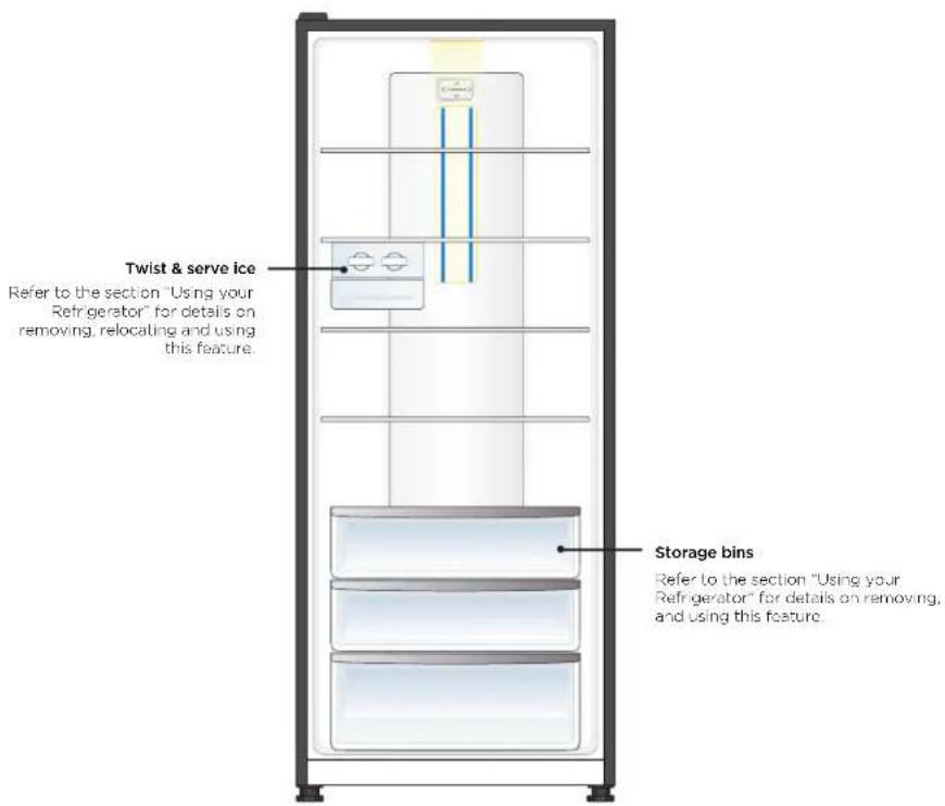 Twist & serve ice Refer to the section "Using your Refrigerator" for details on removing, relocating and using this feature. Storage bins Refer to the section "Using your Refrigerator" for details on removing, and using this feature.