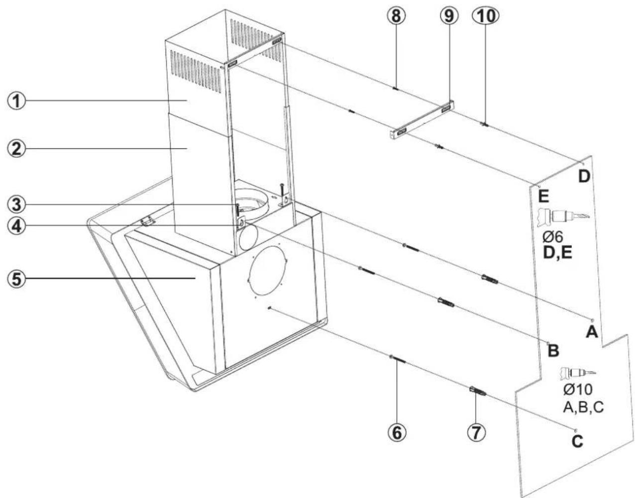 Technical diagram of a device with numbered components and labeled parts, including zoomed-in section D,E and component labels A, B, C, D, E.
