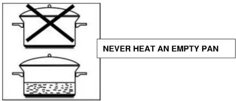 NEVER HEAT AN EMPTY PAN