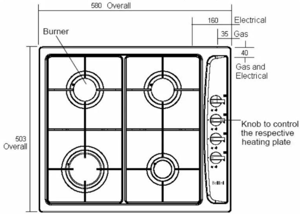 Bellini BP590EG - GAS and ELECTRICAL CONNECTION LOCATIONS and OVERALL DIMENSIONS: - 1