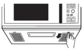 Illustration of a kitchen appliance with a hand inserting a tray into the front panel (no text or symbols)
