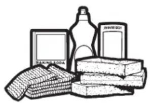 Illustration of household items including a milk bottle, glass, and stacked books (no text or symbols)