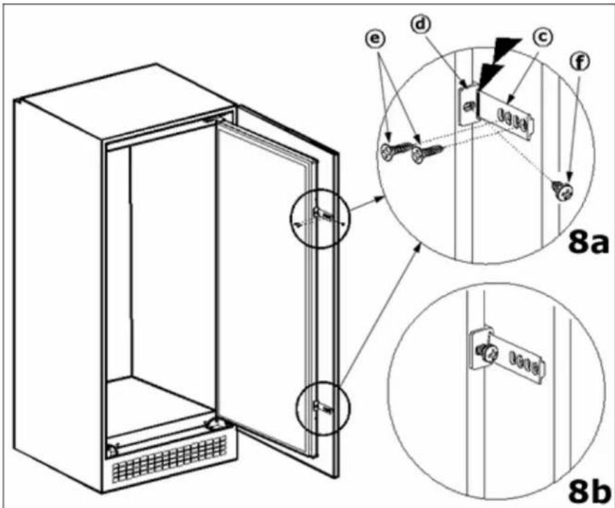 Technical diagram of an open refrigerator with labeled parts and close-ups of internal components, including 8a and 8b views.