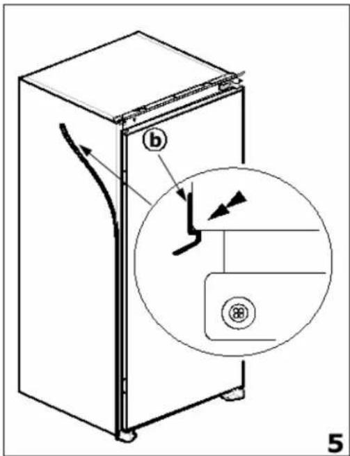Diagram of a refrigerator with labeled parts and a magnified inset showing internal structure, likely illustrating a door or cabinet assembly.