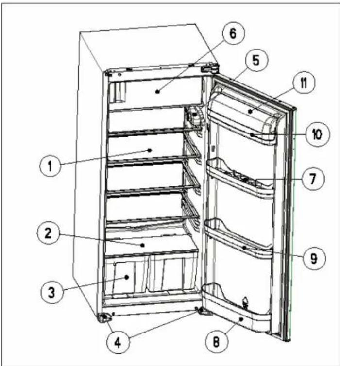 Technical diagram of a refrigerator with numbered parts for identification