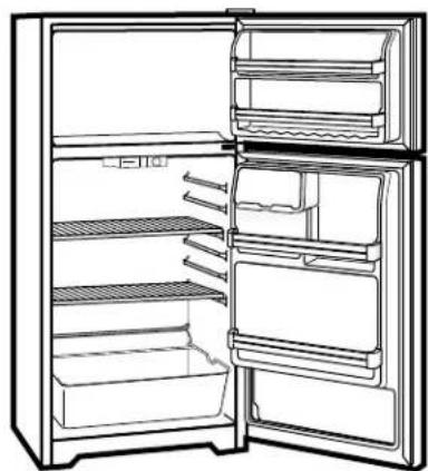 Line drawing of an open refrigerator with multiple doors and shelves (no text or symbols)