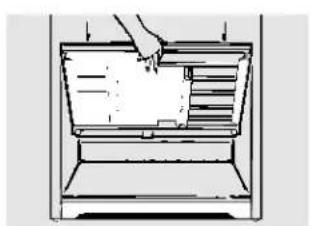 Simple line drawing of a hand pressing down on a tray with horizontal lines, no text or symbols present