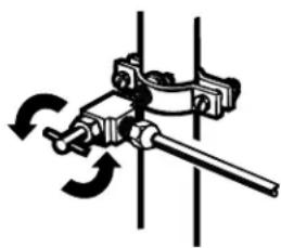 Mechanical clamp mechanism diagram showing rotational motion (no text or symbols)