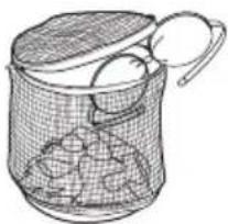 Line drawing of a mesh basket filled with food items, no text or symbols present.