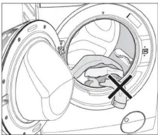 Technical line drawing of a washing machine with internal components and a cross mark indicating a specific part (no text or symbols present)