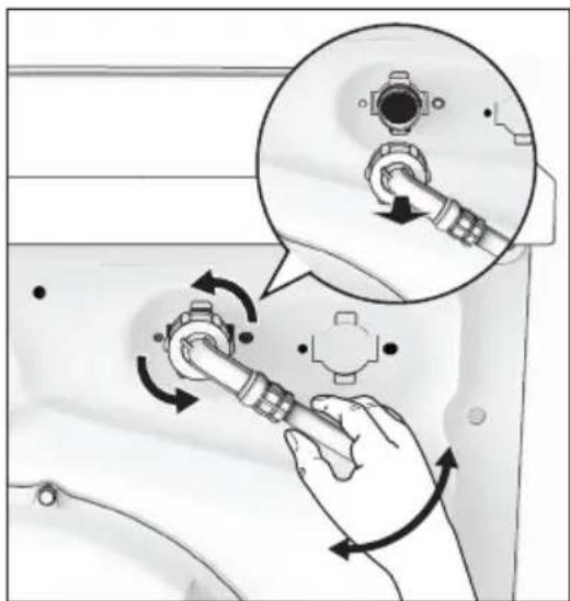 Illustration of a hand holding a pipe with directional arrows indicating rotation, accompanied by an inset showing a close-up of the pipe's valve (no text or symbols present)