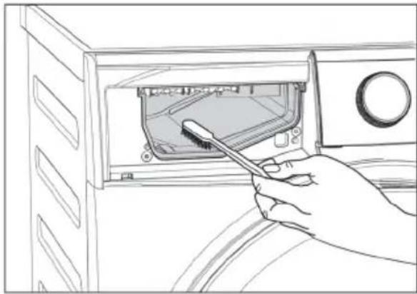 Line drawing of a hand inserting a plastic into a washing machine (no text or symbols).