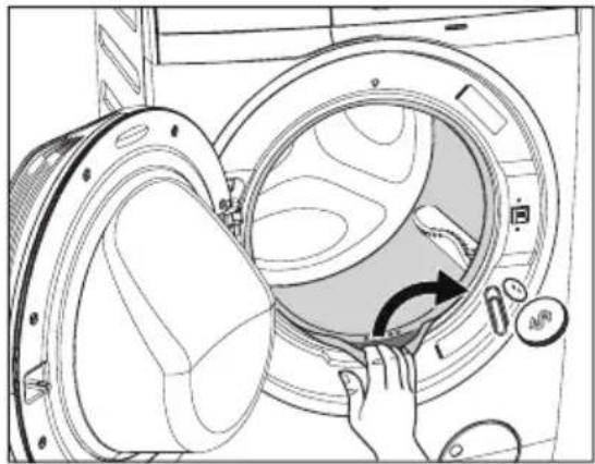 Diagram of a washing machine with a hand opening the door, showing internal components and a circular component (no text or symbols)