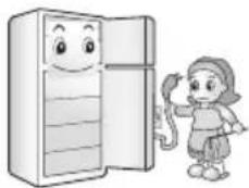Illustration of a child standing beside an open refrigerator with a smiling face (no text or symbols)