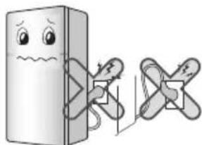 Illustration of a cartoon refrigerator with a sad face and crossed arms, connected to a broken door (no text or symbols)