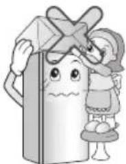 Cartoon illustration of a child holding a gift box while standing beside a refrigerator (no text or symbols)