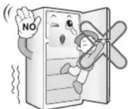 Cartoon illustration of a person falling into a refrigerator with a 'NO' sign, no text or symbols present