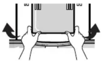 Illustration of hands holding a rectangular object with arrows indicating motion or force direction (no text or symbols)