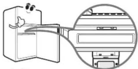 Diagram showing a refrigerator with a bird pointing to its door, and an inset close-up of the refrigerator interior (no text or symbols)